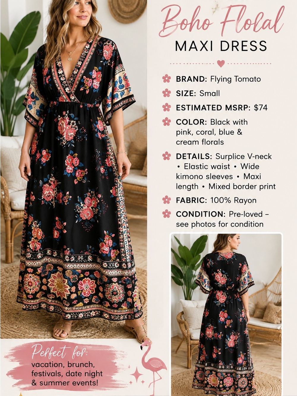 Flying Tomato Black Floral Boho Maxi Dress with Pink Coral Blue Cream Accents